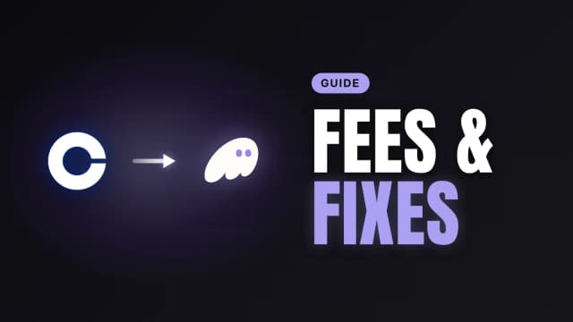 The Coinbase logo on the left with a white arrow pointing to the Phantom wallet logo, set against a soft purple glow on a near-black background. On the right, a purple "GUIDE" pill sits above the large headline "FEES & FIXES", with "FIXES" in Phantom purple.